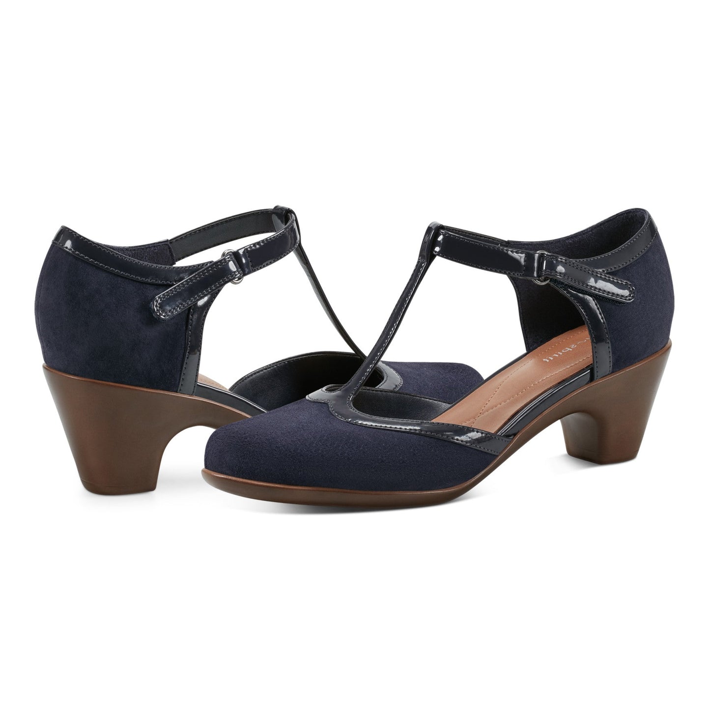 Easy Spirit Cara T-Strap Heels - Dark Blue Suede