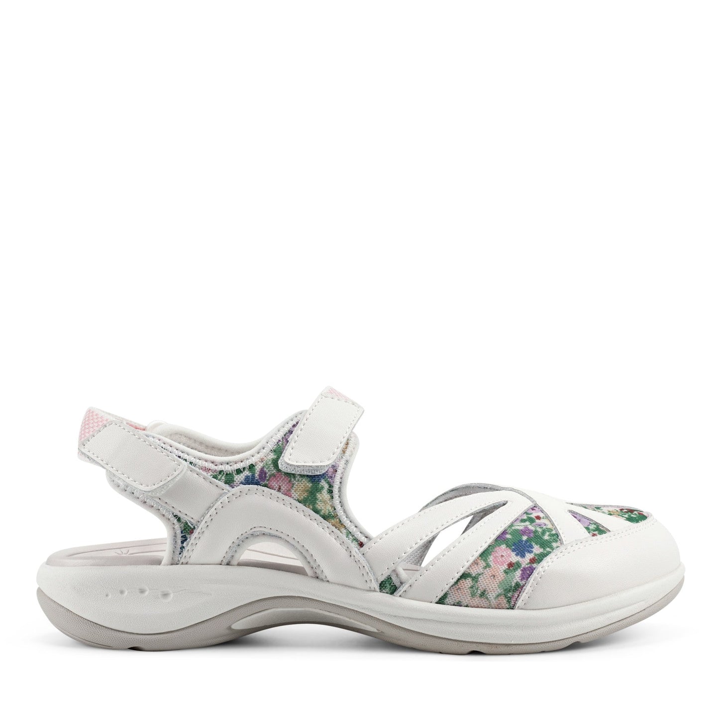 Easy Spirit Splash Flat Hiking Sandals - White Leather Floral Print