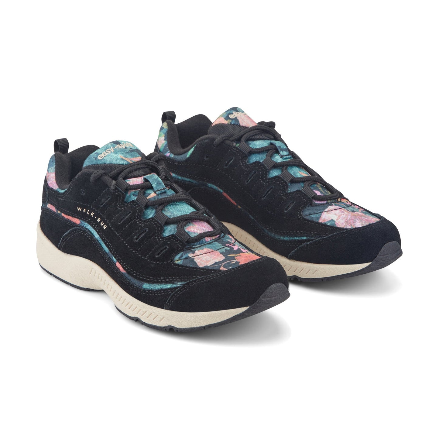 Easy Spirit Romy Walking Shoes - Black Suede/Floral
