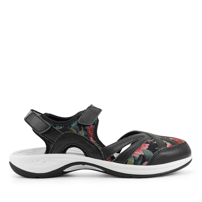 Easy Spirit Splash Flat Hiking Sandals - Black Leather Floral Print