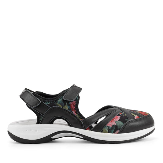 Easy Spirit Splash Flat Hiking Sandals - Black Leather Floral Print