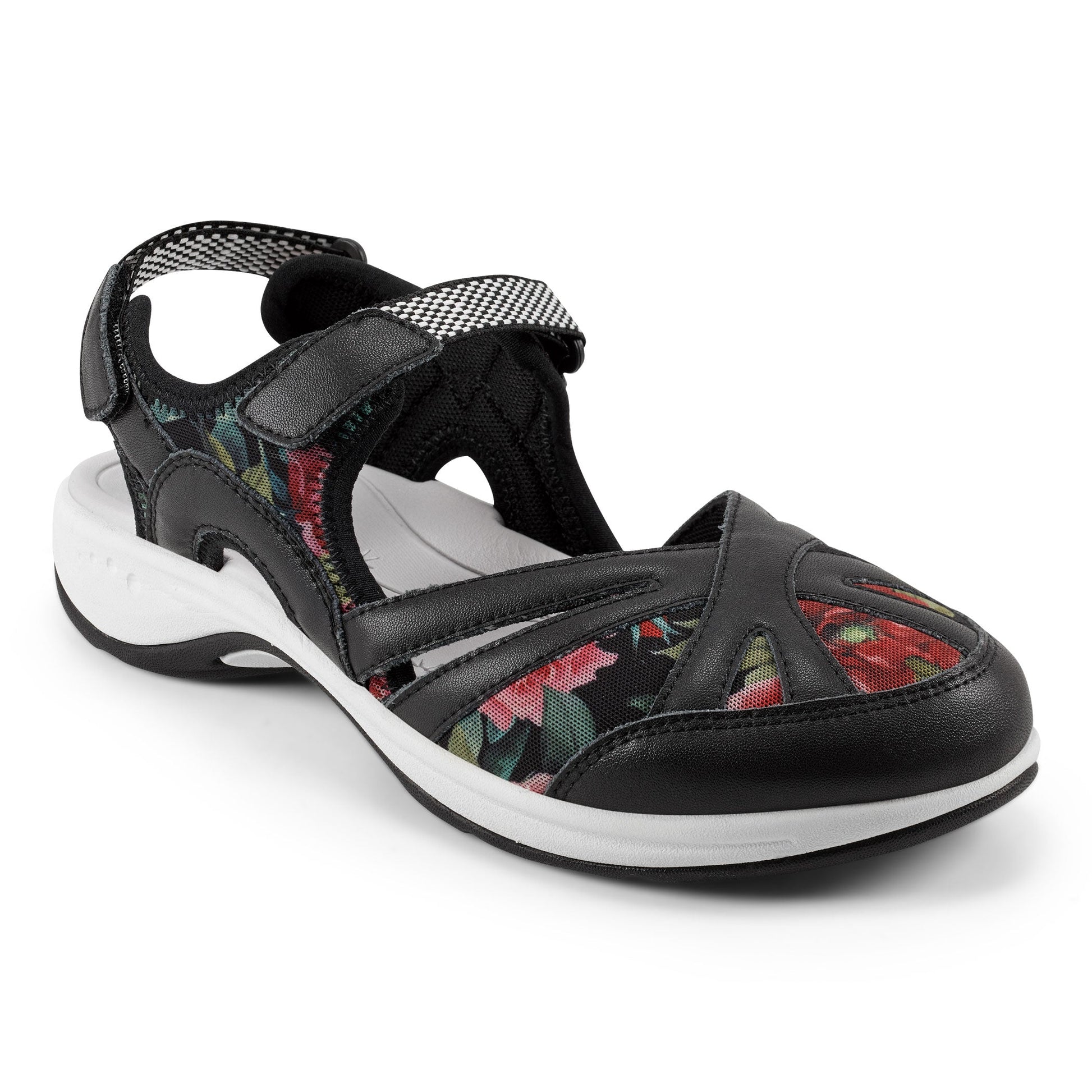 Easy Spirit Splash Flat Hiking Sandals - Black Leather Floral Print