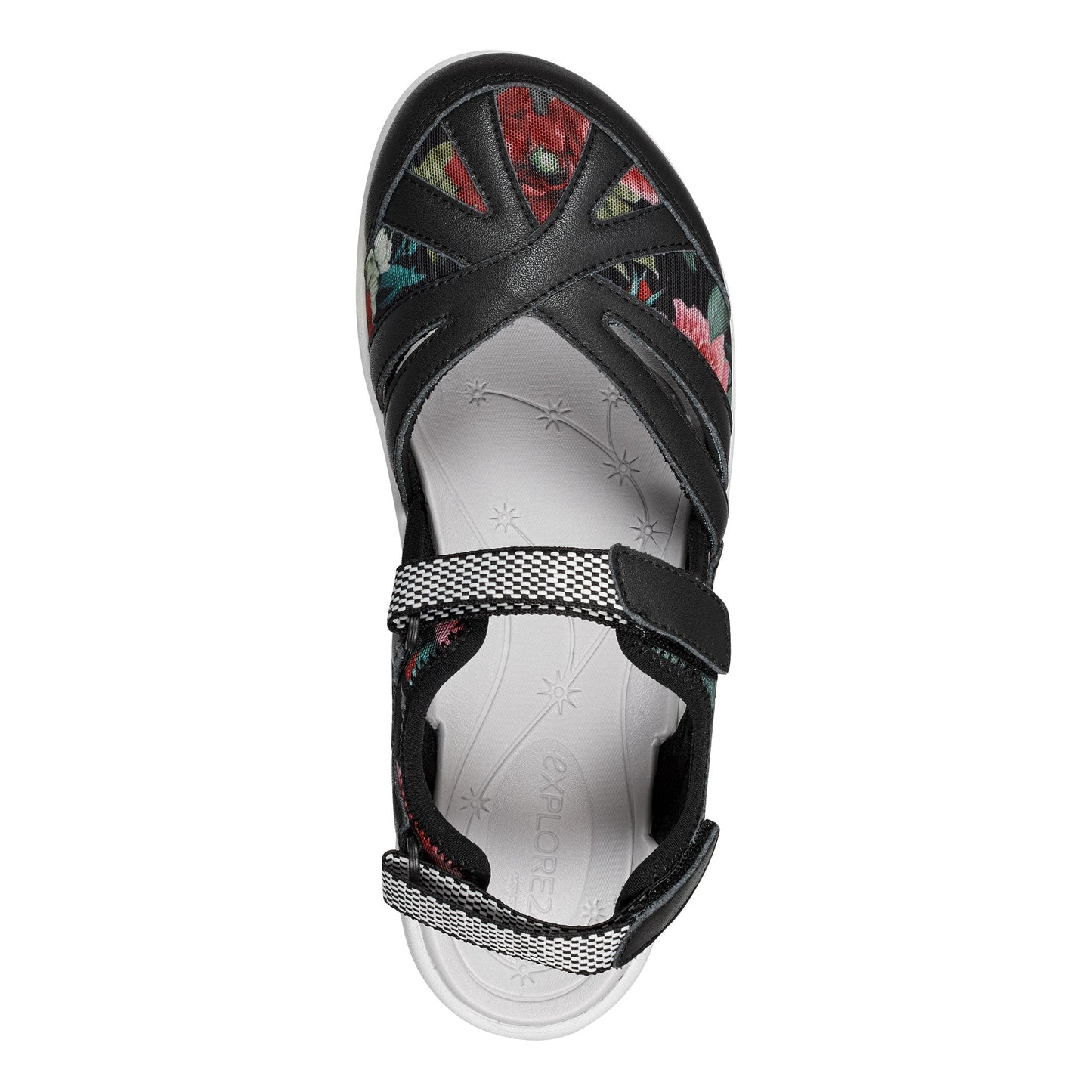 Easy Spirit Splash Flat Hiking Sandals - Black Leather Floral Print