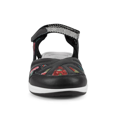 Easy Spirit Splash Flat Hiking Sandals - Black Leather Floral Print