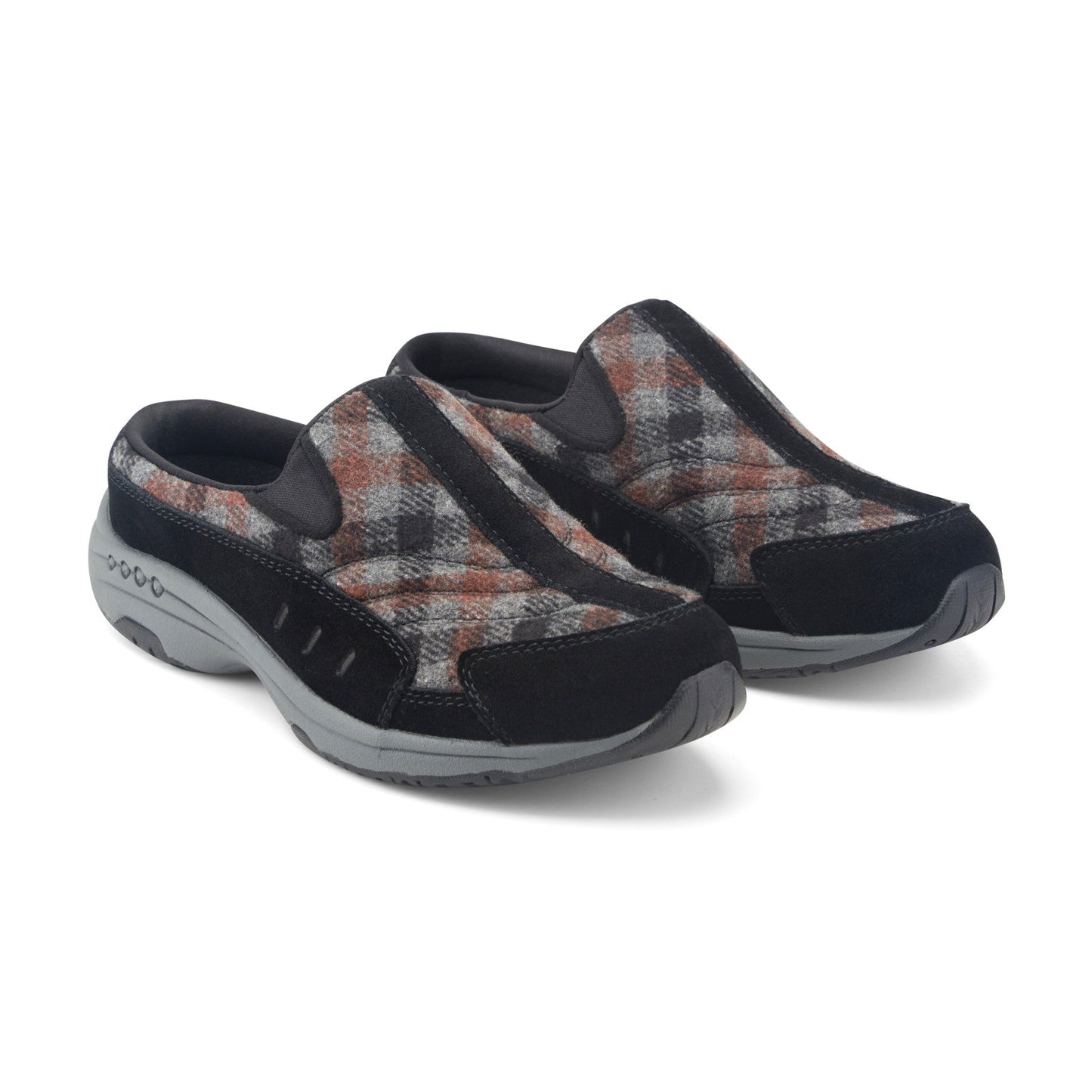 Easy Spirit Traveltime Clogs - Black Suede/Grey Plaid