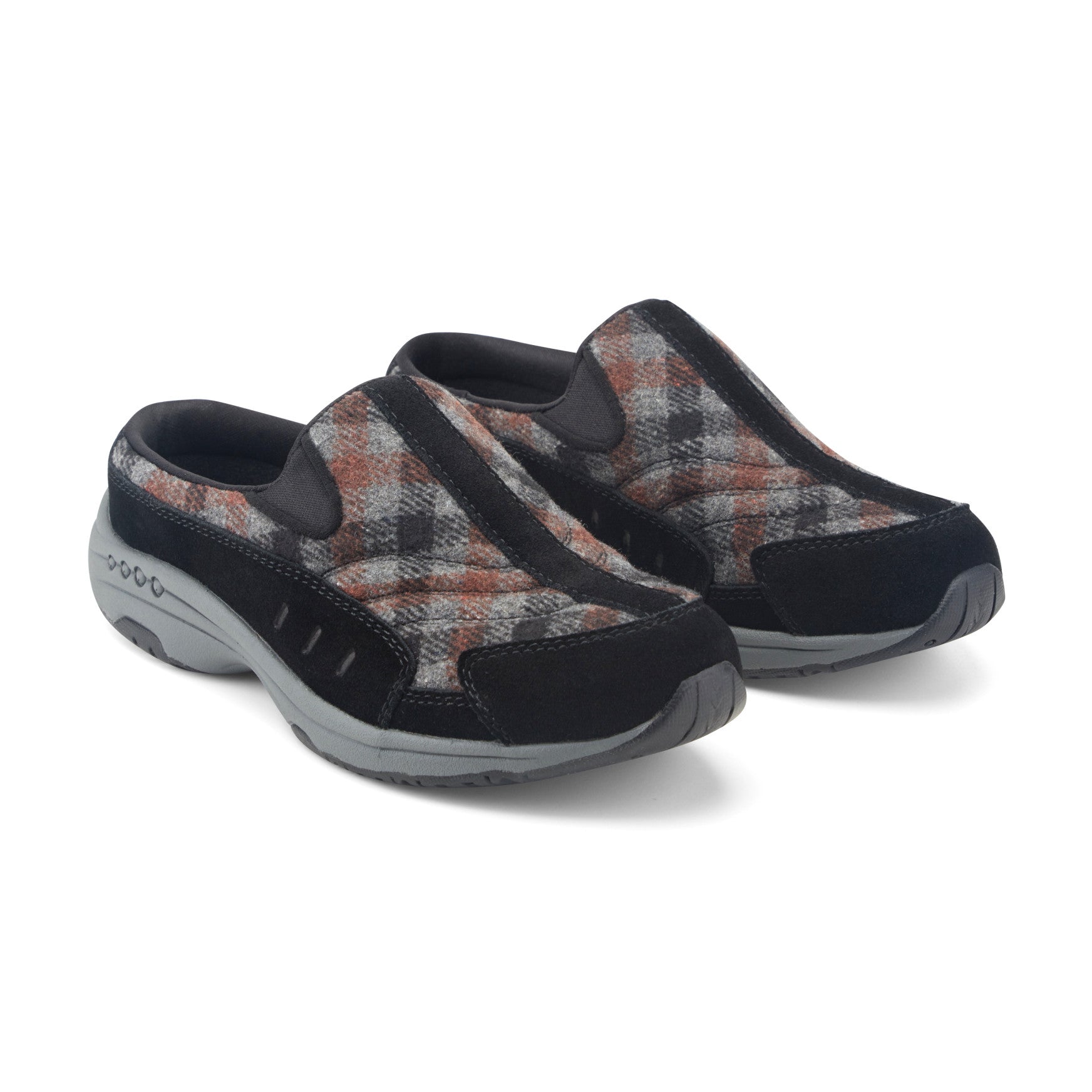 Easy Spirit Traveltime Clogs - Black Suede/Grey Plaid