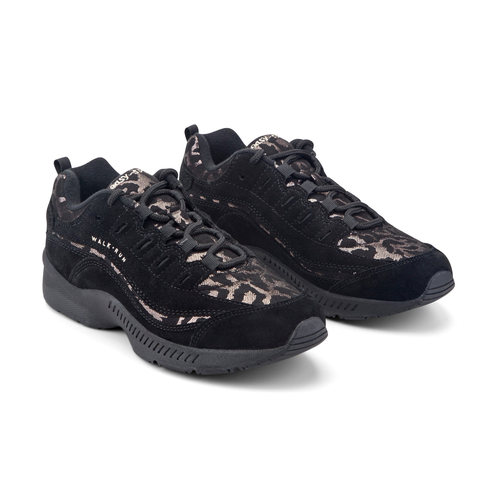 Easy Spirit Romy Walking Shoes - Black Suede/Leopard