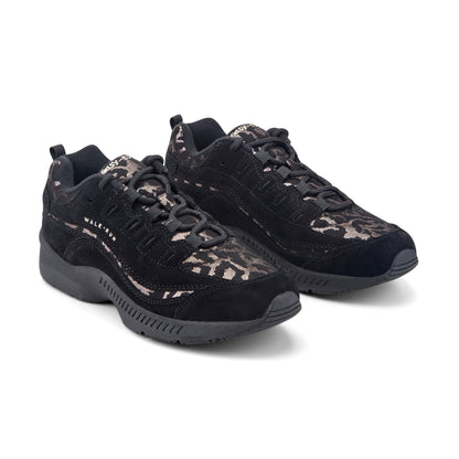 Easy Spirit Romy Walking Shoes - Black Suede/Leopard