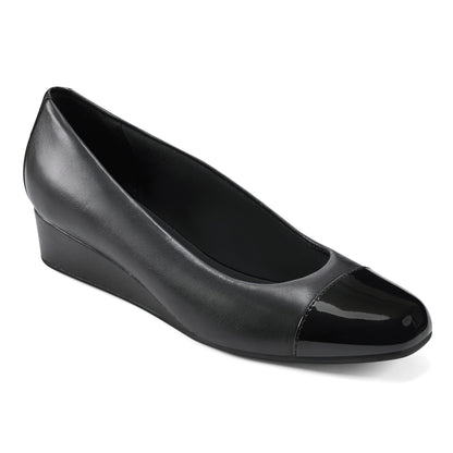 Easy Spirit Gracey Wedge Heels - Black Leather/Patent