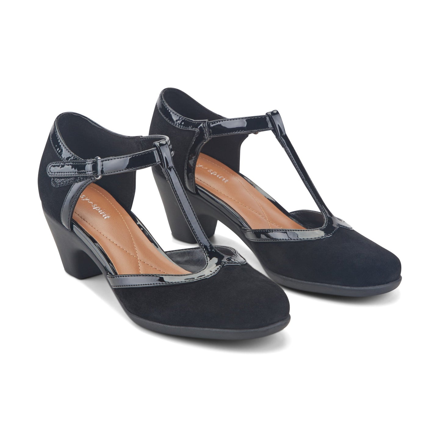 Easy Spirit Cara T-Strap Heels - Black Suede