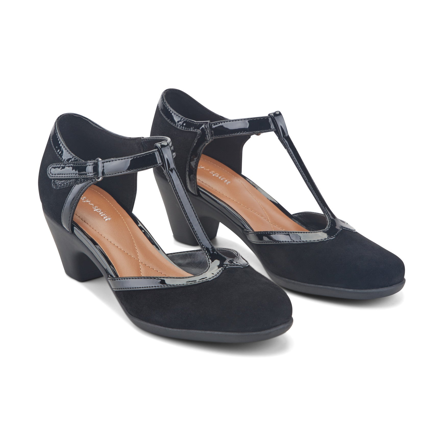 Easy Spirit Cara T-Strap Heels - Black Suede
