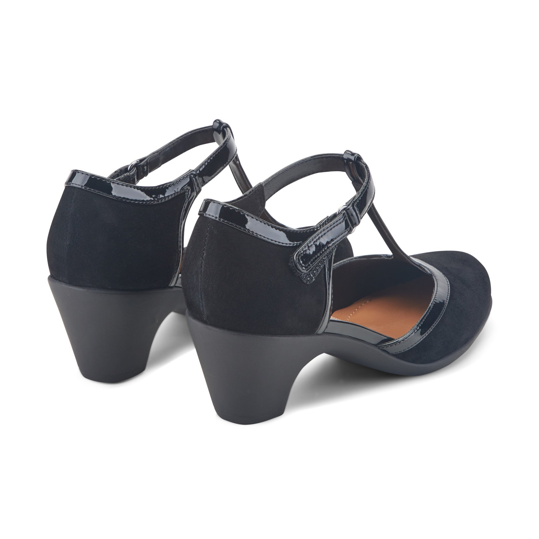 Easy Spirit Cara T-Strap Heels - Black Suede