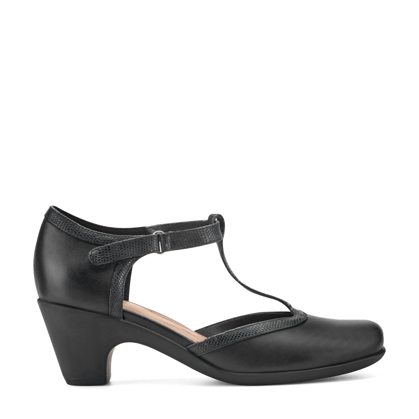 Easy Spirit Cara T-Strap Heels - Black Leather