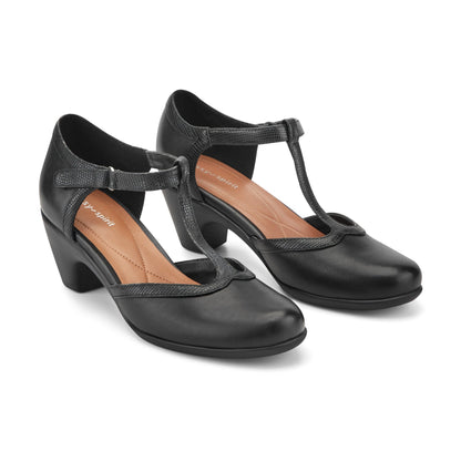 Easy Spirit Cara T-Strap Heels - Black Leather