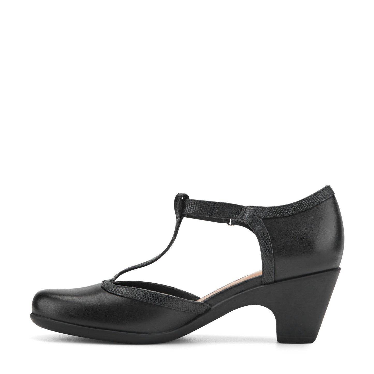 Easy Spirit Cara T-Strap Heels - Black Leather