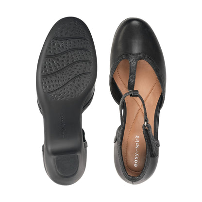 Easy Spirit Cara T-Strap Heels - Black Leather