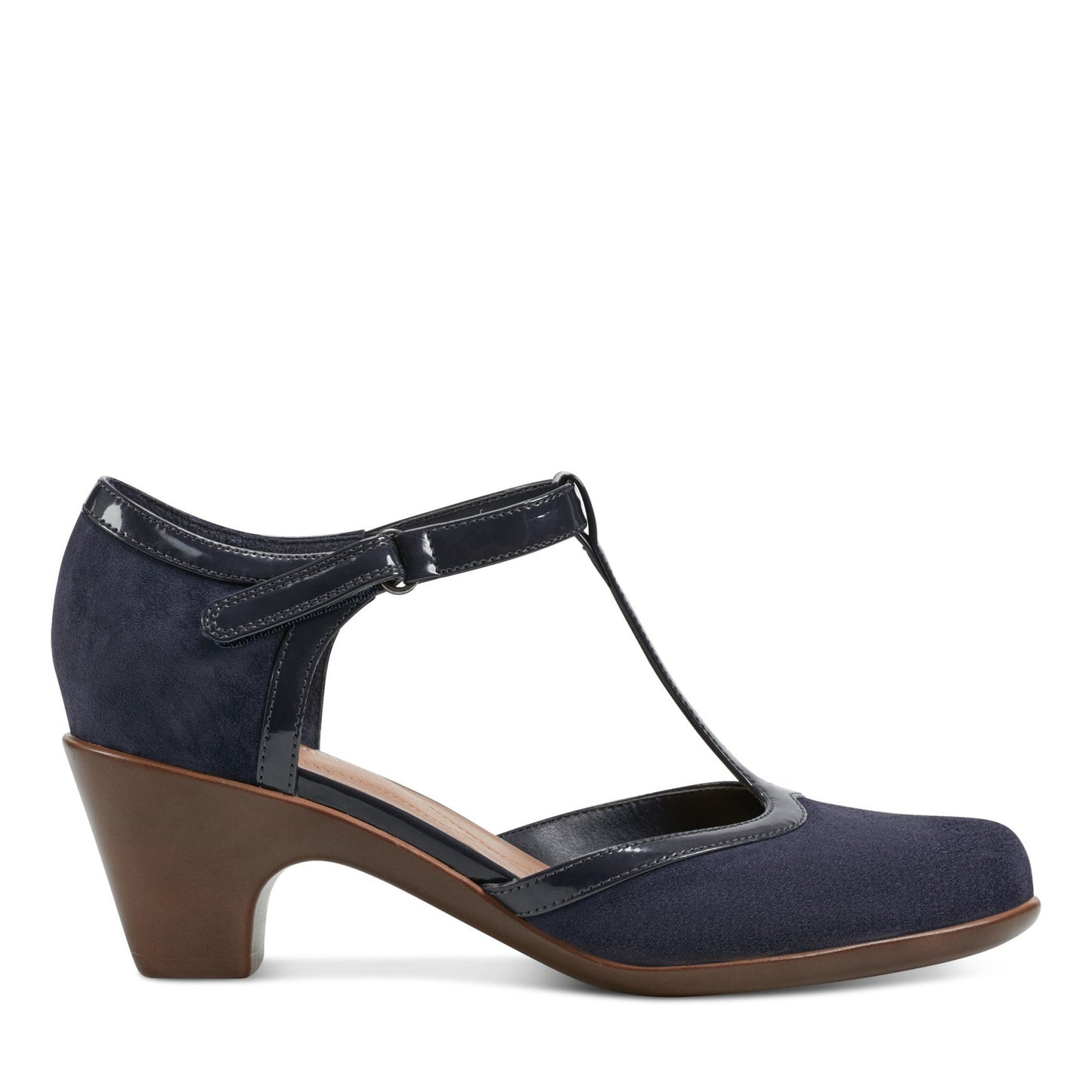 Easy Spirit Cara T-Strap Heels - Dark Blue Suede