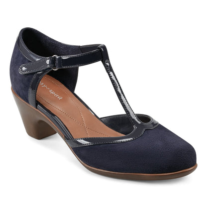 Easy Spirit Cara T-Strap Heels - Dark Blue Suede