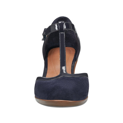 Easy Spirit Cara T-Strap Heels - Dark Blue Suede