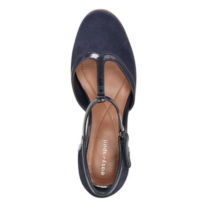 Easy Spirit Cara T-Strap Heels - Dark Blue Suede