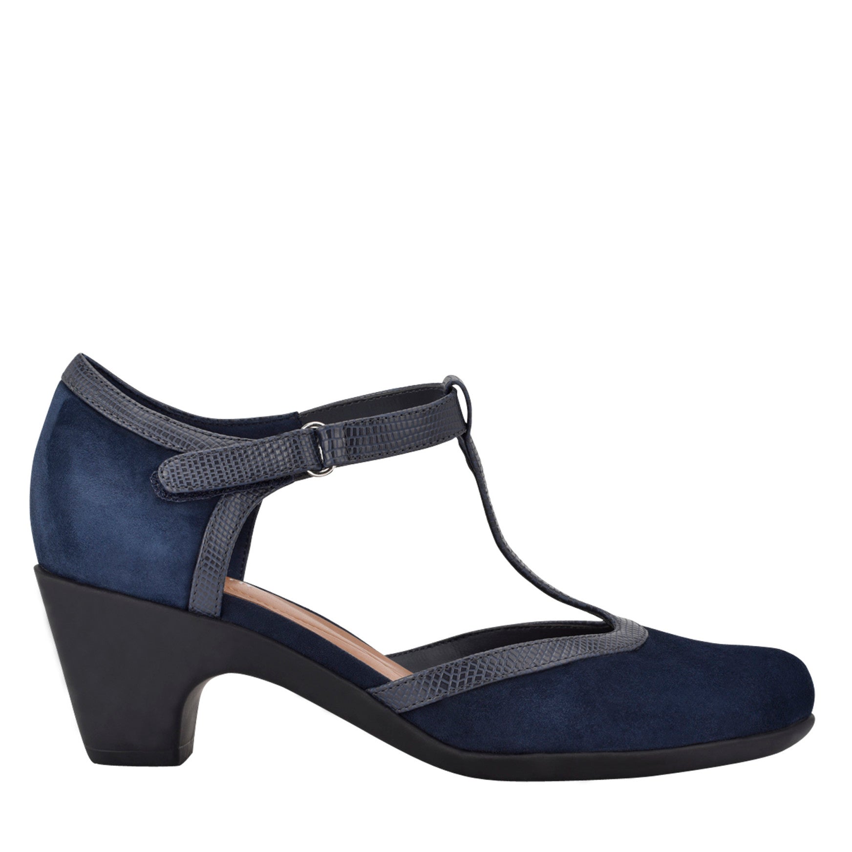 Easy Spirit Cara T-Strap Heels - Navy Suede