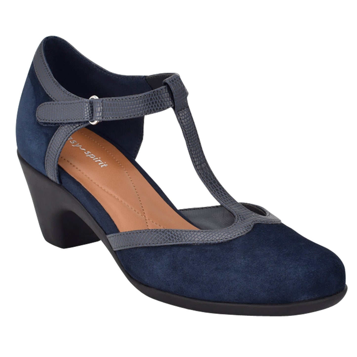 Easy Spirit Cara T-Strap Heels - Navy Suede
